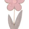 Decoratie houten bloem met motief op voet roze 32,5cm