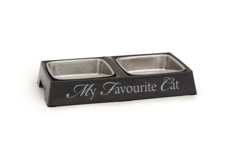 Dubbele eetbak 'My favourite cat' grijs 24 x 12 x 4 cm