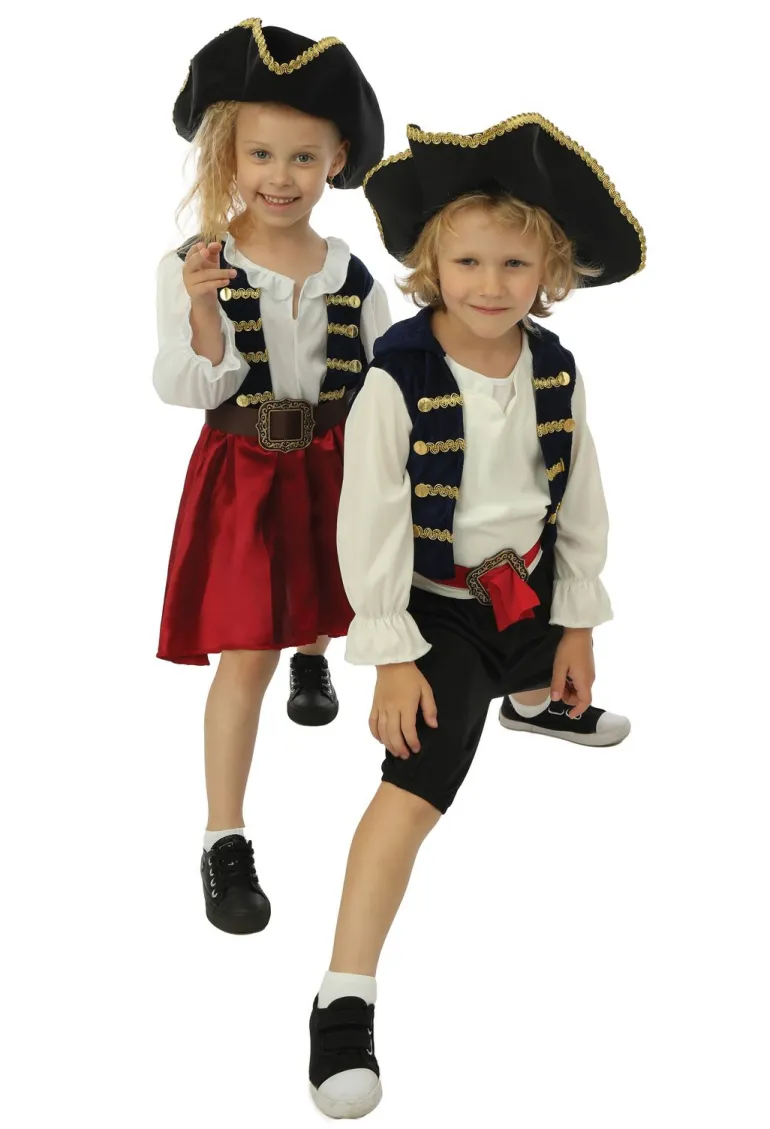 Kinderkostuum piraat met hoed meisje- 3 delig - Blauw/rood - 7-9 jaar