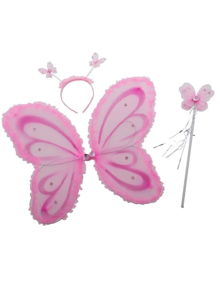 Vlinderset diadeem + vleugels + stokje - Roze